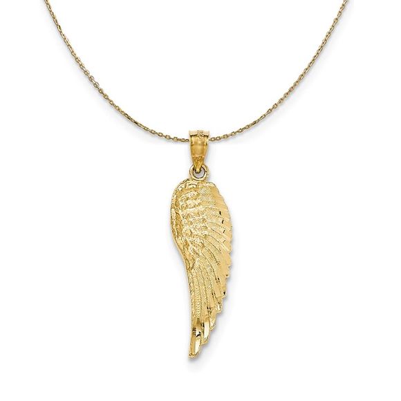 14k Yellow Gold Textured Angel Wing (10 x 33mm) Necklace -...